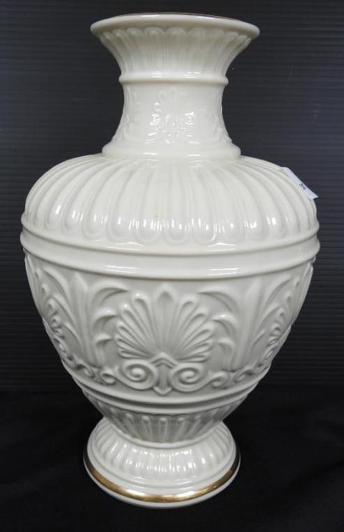 Lenox Athenian Large vase Gold rim: 12" x 8" at the widest point. Beautiful large vase in excellent condition. No damage. Has original stickers.
