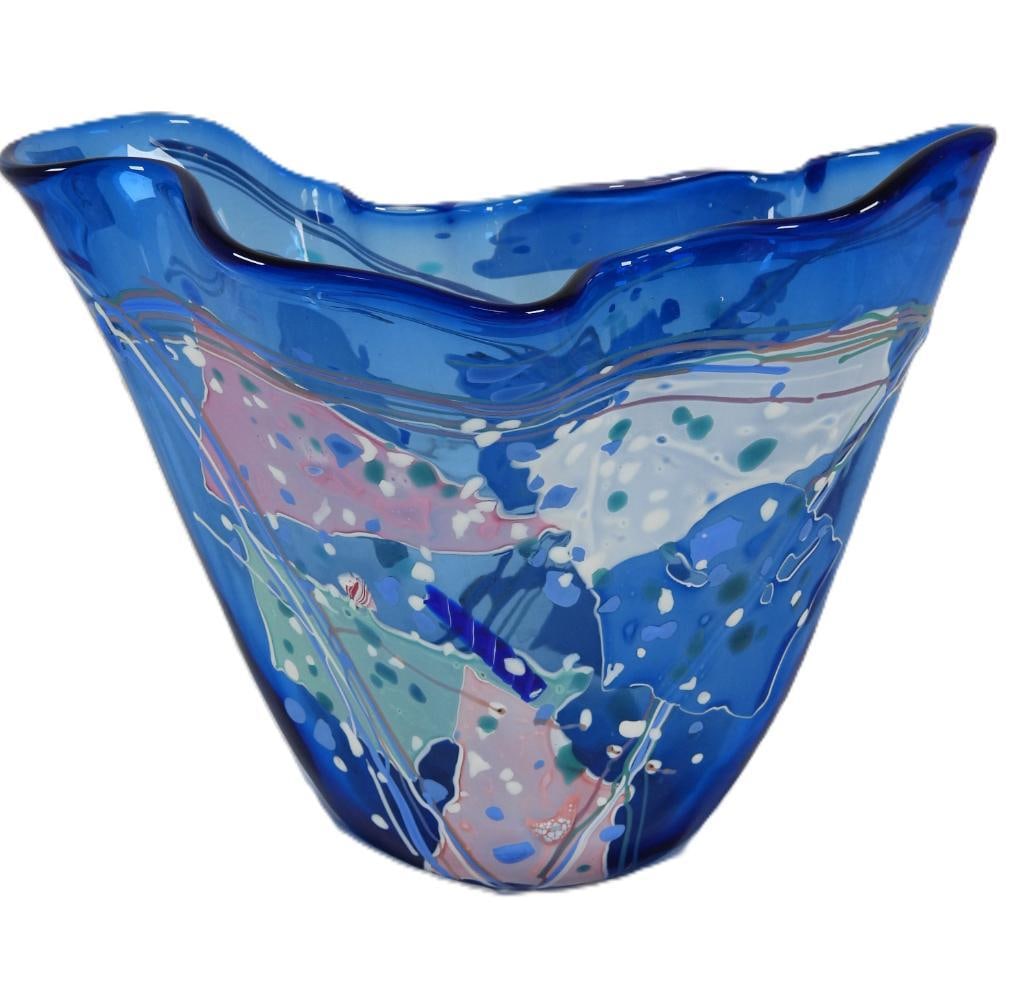Handcrafted glass vase by Rich Nelson: Original signed 8.5" Nelson Handkerchief style art glass vase in blue with pulled lines of pink, purple, and green in a confetti design