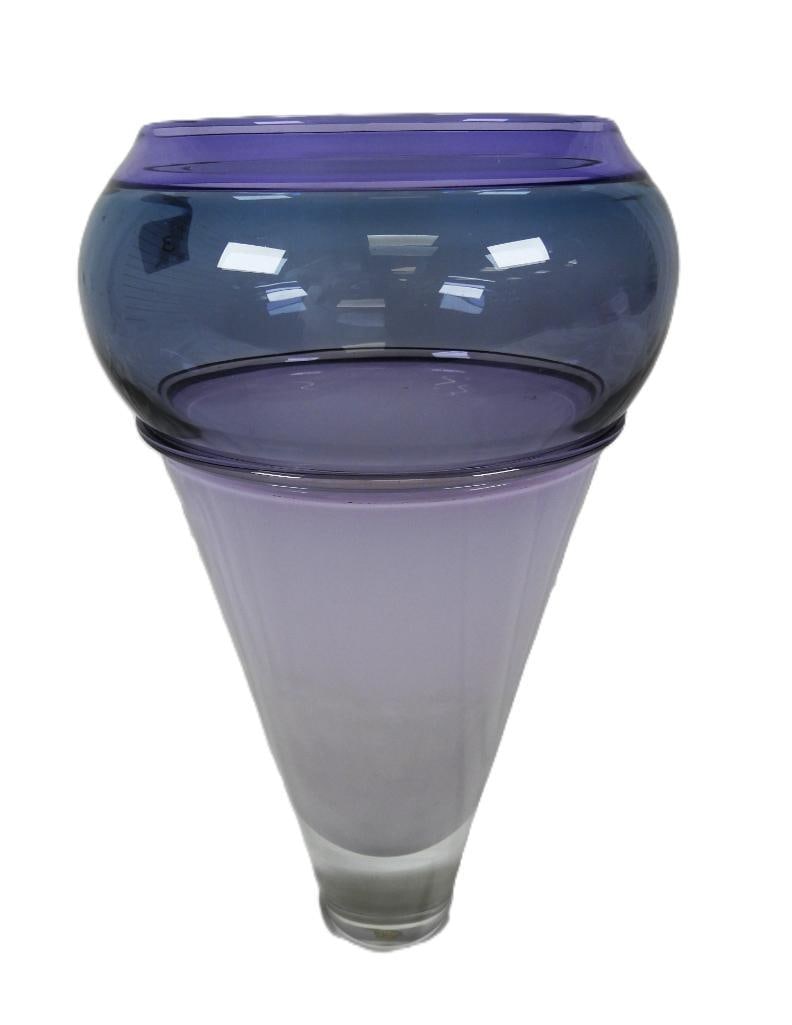 Vintage art studio vase by Brand & Greenburg: Signed 12" collaborate creation of a postmodern vase by Alex Brand and Ann Dee Greenburg features a symmetrical amethyst vase with a tapered base and a bulging top
