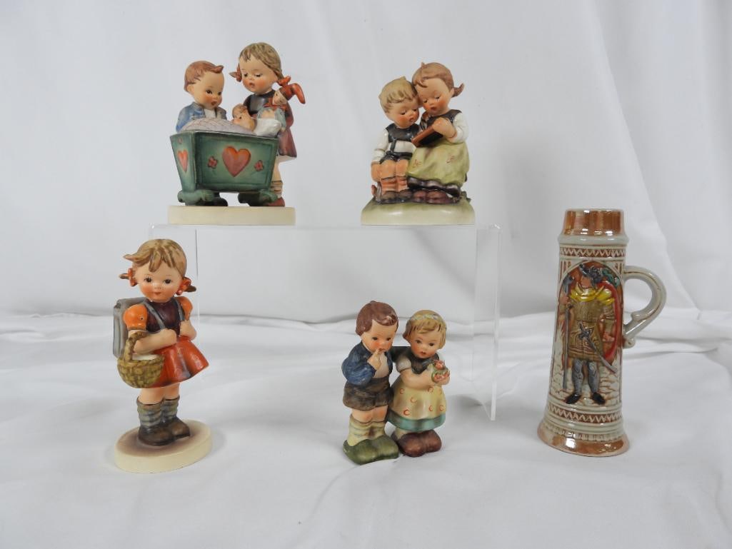 Lot of 5 porcelain sculptures by Hummel Goebel: Sculptures are handcrafted and name "Blessed event" featuring a newborn baby in a crib #333, "Smart little sister" depicting two children learning ABC's #346, "We Congratulate" featuring a boy and gir