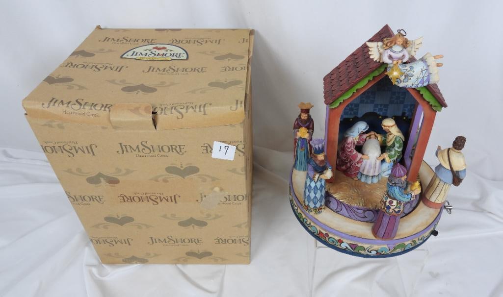 Jim Shore music box "Come and Behold Him" in Box: Music box in mint condition depicts detailed nativity scene with a revolving outer ring of the three wise men and Shepards playing a traditional Christmas song 2008 #4012209