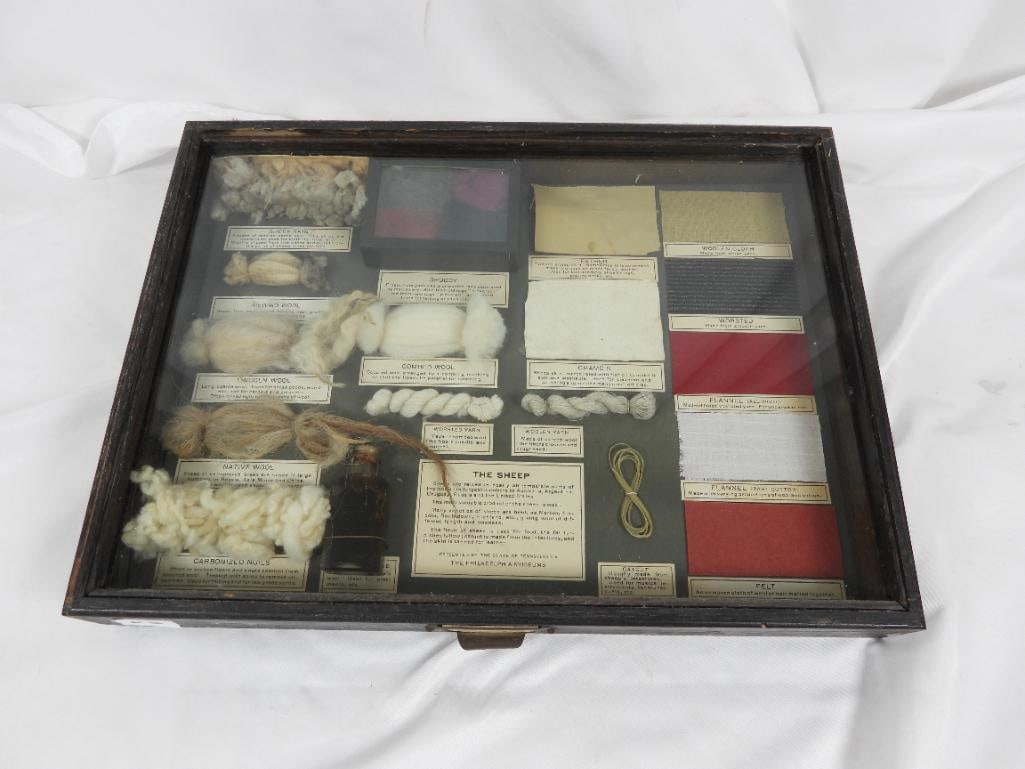 Vintage Philadelphia Museum Wool display: This display in good condition features 19 wool types, they're use, and make