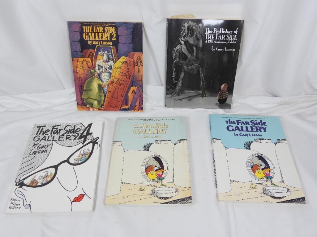 Lot of 5 vintage Gary Larson comic collection: Gary Larson's surreal humor is depicted in 5 comic collections featuring "The Far side Gallery" and "The Pre History Farside Galaxy"