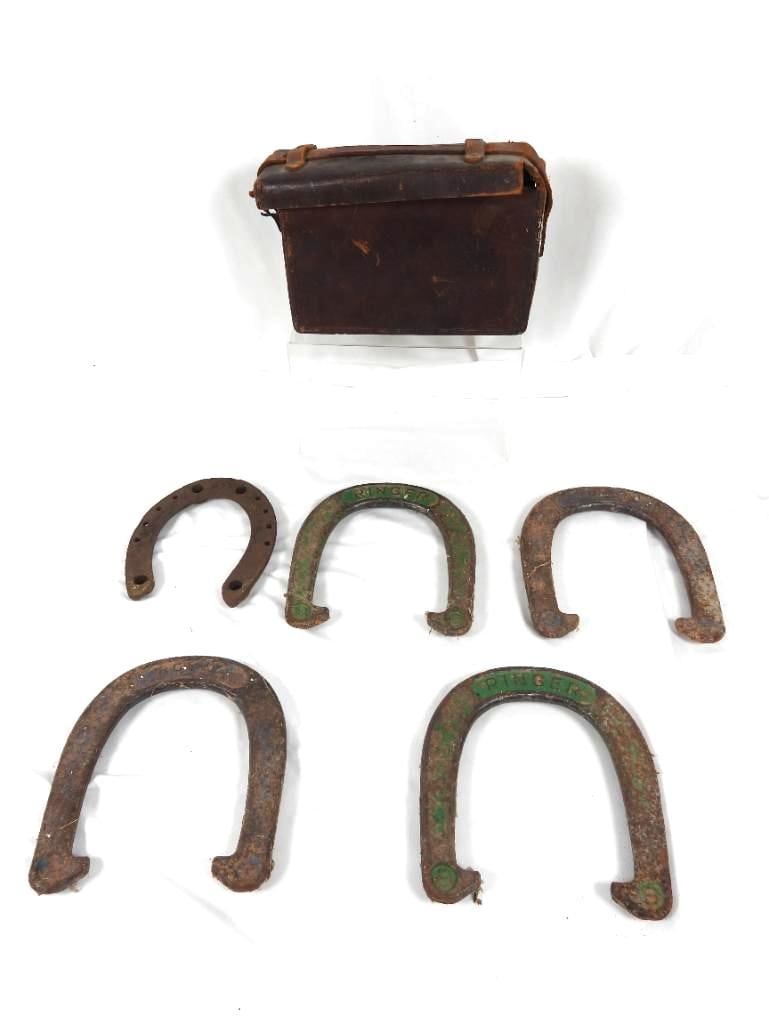 Lot of 6 Horse shoes and saddle bag: Included are 5 original horse shoes and 1 used leather saddle bag