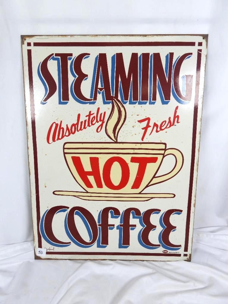 Vintage Marty Mummert Hot Coffee sign: "Absolutely Fresh" Hot coffee sign is in good condition with all colors intact to create and inviting display coming complete with Marty's signature in the bottom left hand corner