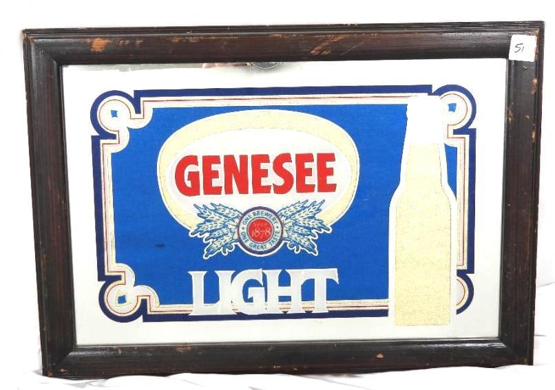 Signs & Glassworks Vintage Genesee light Advert: Featured is a 1980's tavern mirror with a wooden frame displaying Genesee light beer made by Signs and Glass works Inc. in San Marcos, California