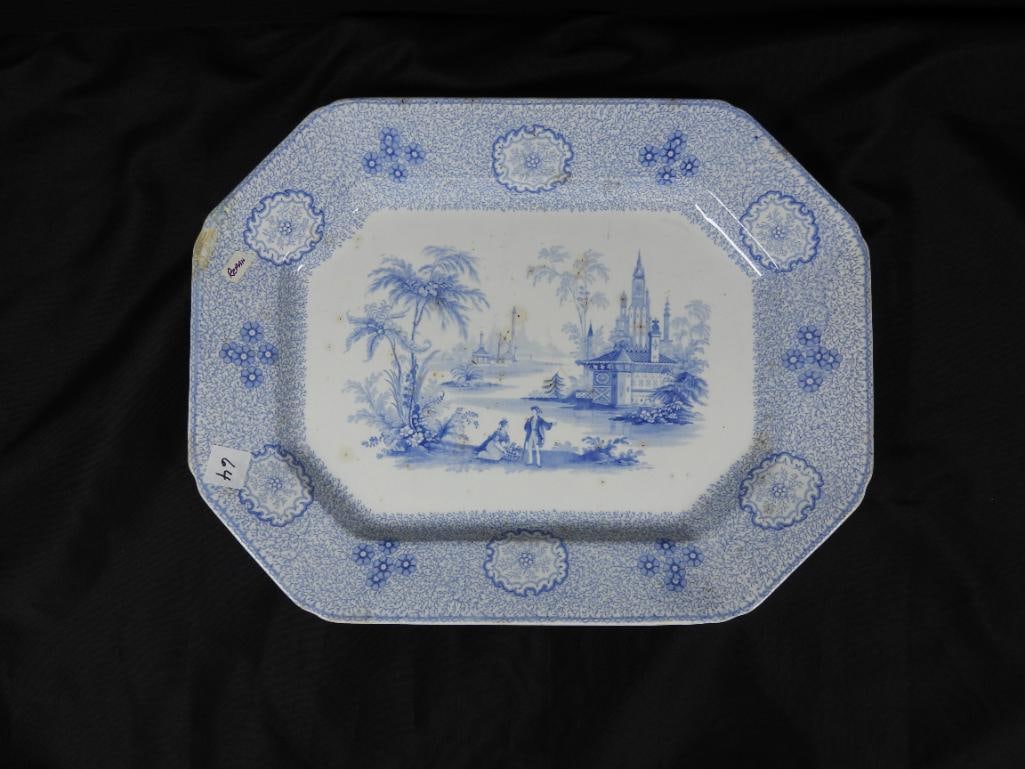 Antique John Wedgewood serving platter: 1 Large octagonal serving platter with signature blue singanese design on its face, there does appear to be a noticeable crack in the corner of the dish