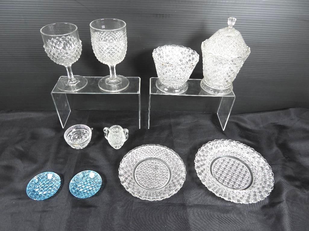 Lot of 10 Vintage Fostoria American glassware: Included are 2 drinking goblets, 2bowls, 1 candy jar + lid, 4 plates, and 1 small pitcher all with the signature cubist design in mint condition