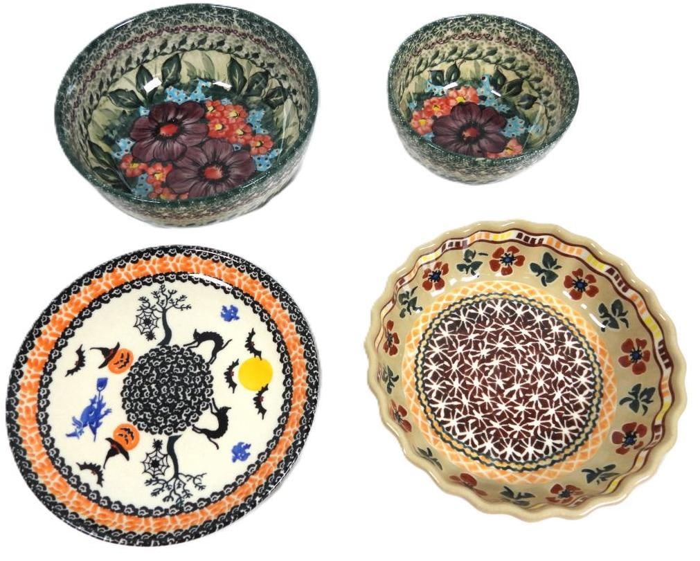 Lot of 4 Handmade Unikat Polish Pottery Bowls: 2 nested Unikat Polish bowls by K. Rogowska displaying a beautiful floral pattern on its face, 1 Unikat bowl with scalloped edges and floral patterns made by M. Smurawa, and lastly 1 Unikat plate with