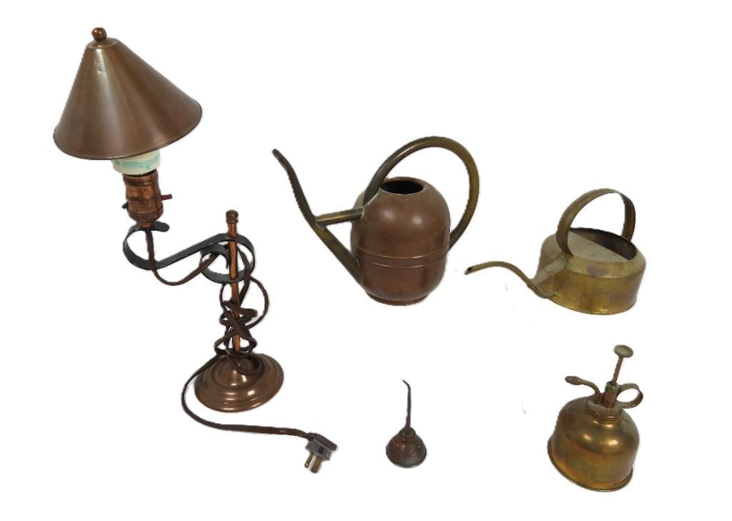 Lot of 5 Vintage Brass & Copper Garden/Garage: Contained are 2 vintage small watering cans possibly made by Chase Brass & Copper Co. made of copper and brass usage or presentable condition, also included is a solid brass atomizer Trademark 555 mad
