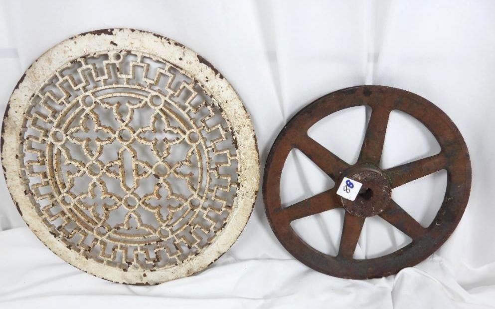 Lot of 2 Vintage Cast Iron Floor Register/Lawn mower wheel: Victorian style floor gate register and lawnmower V-belt pulley wheel well both show age and use but could still be used if desired and are approx. 13" in length