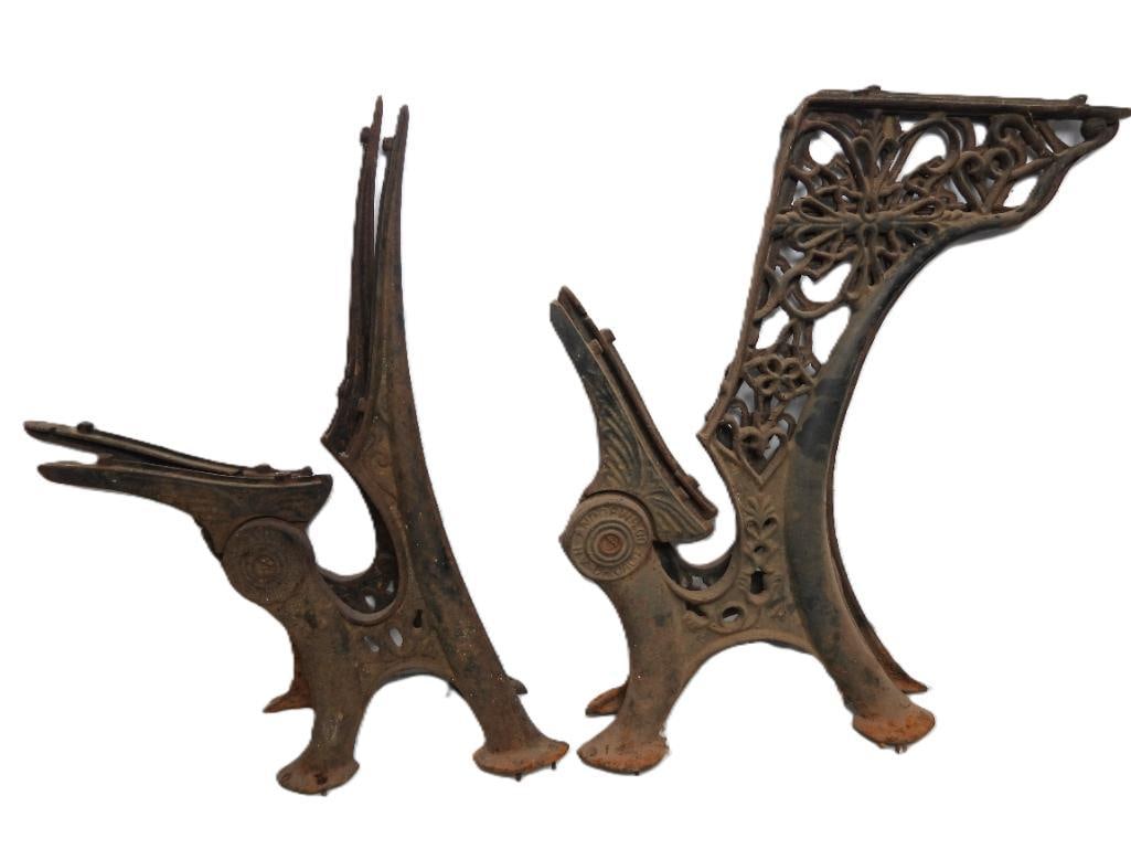 Lot of 4 Antique Iron School Desk Legs: 2 Pairs of desk legs have intricate ornate and simple patterns showing a little age with rusting at their feet, made by the prominent A.H. Andrews & Co. educational furnishings manufacturer