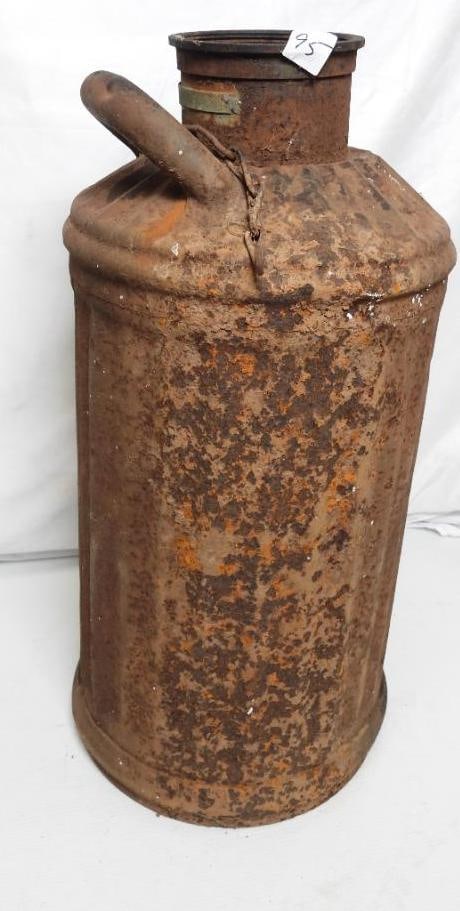 Vintage Milk Container: Steel Milk container with a small chain and steel label that reads "5 Gallons to lip of marker inside" and shows visible rust around its body