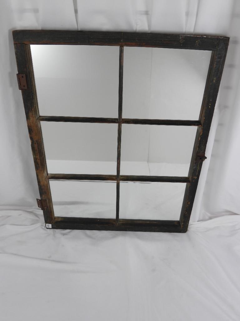 Vintage Aged Farmhouse Window: Farmhouse window turned into farmhouse mirror with 6 panes and hinges intact with a height of 34" and length of 27"