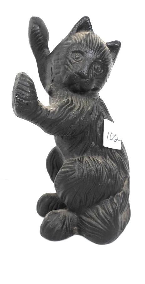 Black Cat Cast Iron Door Stop: Small but heavy black cat door stop, only about 9" in height, is fully coated in black and in pristine condition