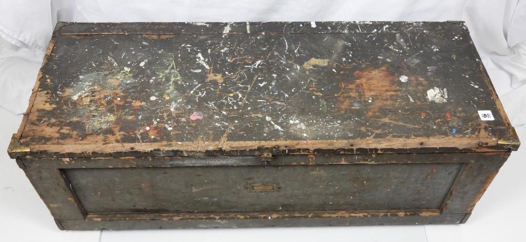 Antique Primitive Early American Carpenters Tool Chest: Removable 3 section wood tray insert. Measures: 37.25" L14" D X 13.5"H. visibly worn exterior and paint on exterior. Working hinged lid. Great primitive piece as is or to refinish!