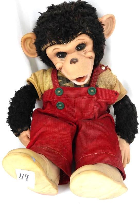 Vintage Rushton Co. Zippy the Chimp Plush doll: FOR DISPLAY ONLY. CHILD SAFETY NOT GUARANTEED. WE ASSUME NO LIABILITY FOR INJURY OR ILLNESS.. Signature rubber face, feet and hands. From the 1950's. 15"tall . Vintage condition with wear to the overa