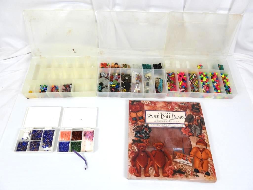Vintage stamps and crafting lot of beads: FOR DISPLAY ONLY. CHILD SAFETY NOT GUARANTEED. WE ASSUME NO LIABILITY FOR INJURY OR ILLNESS. Includes 3 large cases of assorted beads, 2 small cases and VICTORIAN PAPER DOLL BEARS RUBBER STAMP COLLECT