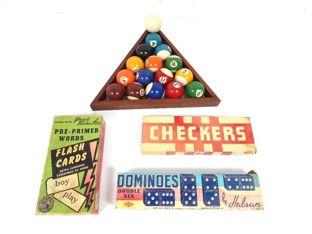 Lot of 4 Vintage games: FOR DISPLAY ONLY. CHILD SAFETY NOT GUARANTEED. WE ASSUME NO LIABILITY FOR INJURY OR ILLNESS. Halsam Double Six DOMINOES boxed set incomplete has wood and plastic dominoes in the box. Set of miniature 