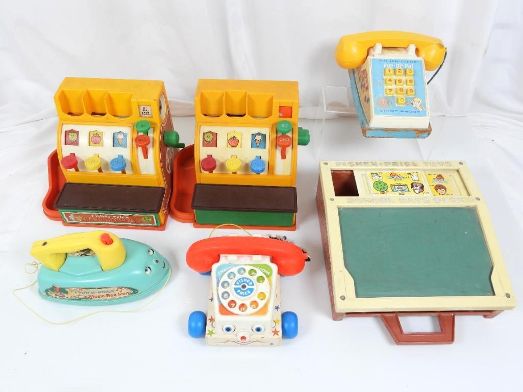 Lot of 6 Vintage Fisher Price Toys: FOR DISPLAY ONLY. CHILD SAFETY NOT GUARANTEED. WE ASSUME NO LIABILITY FOR INJURY OR ILLNESS. Includes 2 cash registers, potable chalkboard, I music box push iron 2 pull along play phones