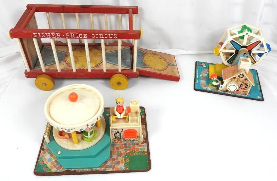 Lot of 3 Vintage Fisher Price Early Circus Rides Animal cart: FOR DISPLAY ONLY. CHILD SAFETY NOT GUARANTEED. WE ASSUME NO LIABILITY FOR INJURY OR ILLNESS. Includes a large Wooden Circus pull cage 14.5" lo x 8.75" high, A Merry Go round Wind up toy works, Wind up