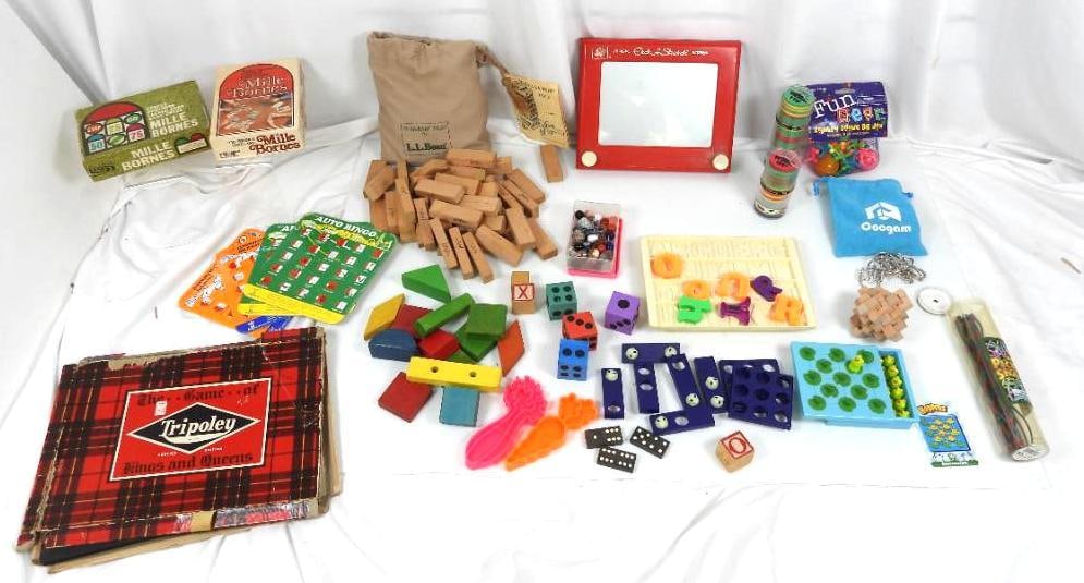 Vintage to modern box lot of puzzles games Etch a sketch.: FOR DISPLAY ONLY. CHILD SAFETY NOT GUARANTEED. WE ASSUME NO LIABILITY FOR INJURY OR ILLNESS. Includes Etch a Sketch, L.L. Bean TA-KA-RADI TILES in the bag, Parker games Jenga, pick up snake stick and 