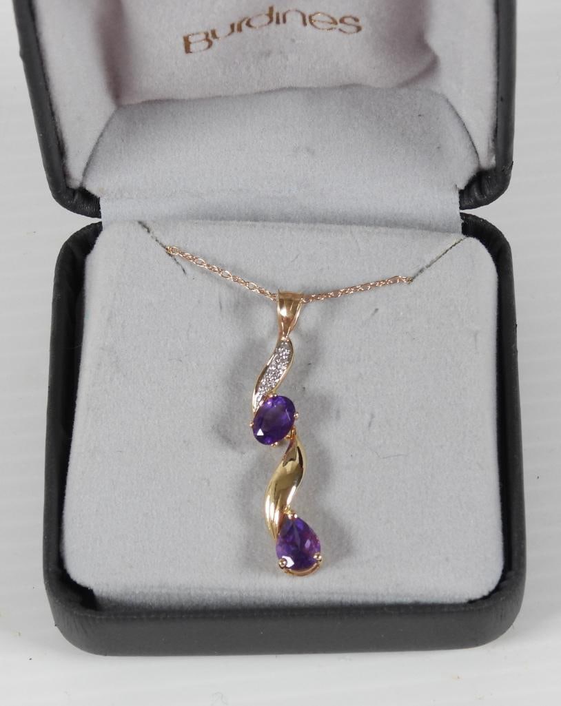 14KT GOLD Amethyst and Diamond Pendant necklace 2.5 gram: Gorgeous 7.9mm teardrop, 7.2mm x 5.1mm oval and diamond chips. Total length of the pendant is 1.5"including a 1/4" bale. Chain is 18" long with a standard ring clasp.. Both the pendant and chain are