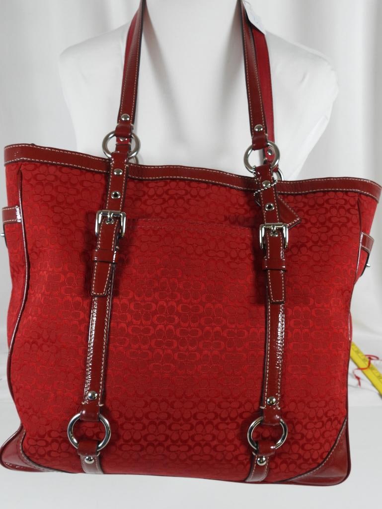 AUTHENTIC COACH Signature Gallery Tote bag RED Canvas Leather: GUARANTEED AUTHENTIC COACH Ladies RED Designer double CC logo canvas monogram print with contrasting red patent leather trim with chrome hardware, coach hang tag. LIKE NEW CONDITION. No damage. Zip to