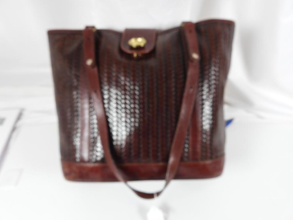 AUTHENTIC BRAHMIN Moira Blue Fin Melbourne Leather Shoulder bag: GUARANTEED AUTHENTIC BRAHMIN Ladies Designer handbag tote. Gorgeous deep brown shiny braided leather a handbag tote in EXCELLENT LIKE NEW condition. Brass Brahmin logo charm on the flap. Adjustable do