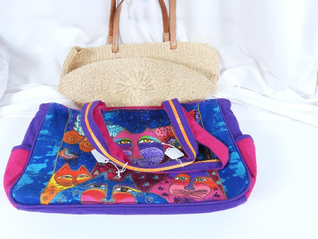 Lot of 2 Summer tote bags Laurel Burch & straw: Lot includes a Laurel Burch Fabric CAT Bag in brilliant colors and art work on both sides. Bbrant deep colors of pink, blue, purple, red orang and gold accents with ribbons applied. Measures; 14"L x