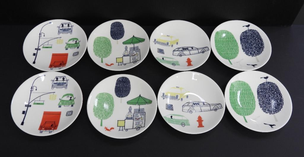 LOT OF 8 COLLECTABLE KATE & SPADE LENOX PLATES: NIB Included are two sets of Kate and Spade New York "About Town" tidbit plates displaying charming motifs of cityscape illistrations with each being approx 6" in diameter