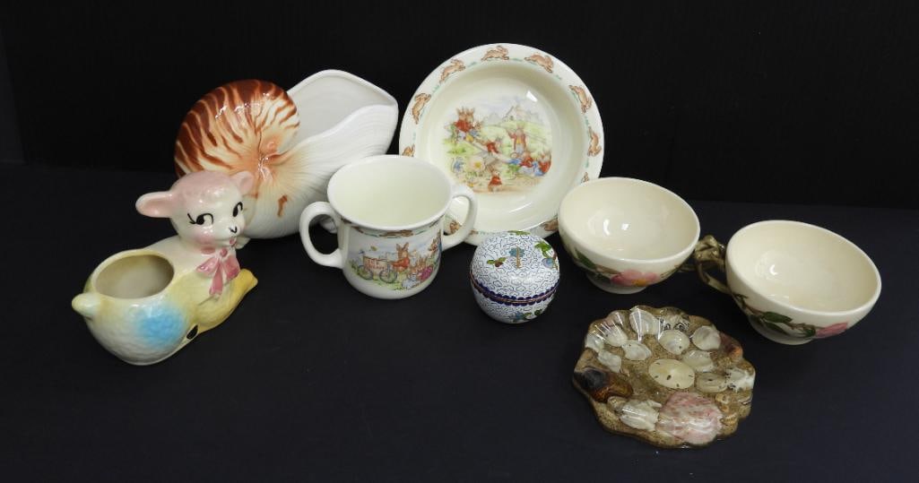 LOT OF 9 VINTAGE CHINA AND DISHES: Displayed is a Princess House Handblown crystal whiskey glass3"x3"x3.5" and pitcher 4"x4"x6" with a small floral pattern, a set of two Francisican Desert Rose tea cups made in USA 5"x4" 2", a Royal Da