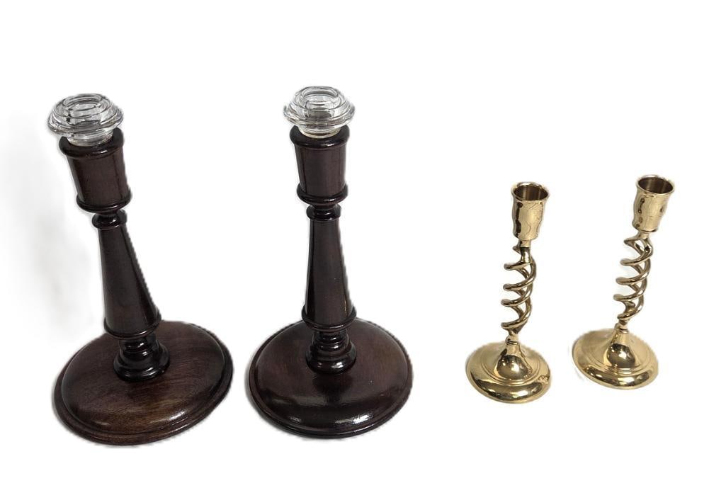 LOT OF 4 GOLD AND WOOD CANDLESTICK HOLDERS: 1 Set is gold with a daul swirl patter and basic canhle holder base 3"x3"x7.5" and the second set is made possibly of walnut with a clear glass candle base 6"x6"x11"