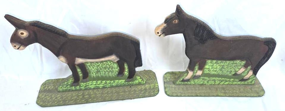 LOT OF 2 MENNO SHIRK FOLK ART: Wooden cutout by Menno depicts two donkeys (one with cropped hair and one with natural long growth) signed and dated 1993 11"x3.5"x9"