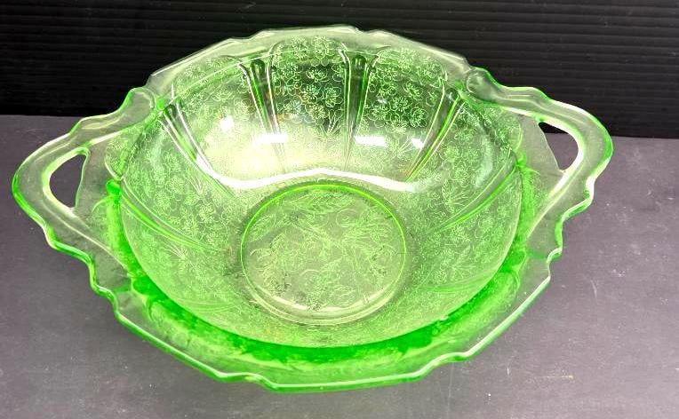 LOT OF 6 URANIUM DEPRESSION GLASS: Lot contains 4 serving trays and dishes plus 2 bowls 6" and 11" all made from unranium glass