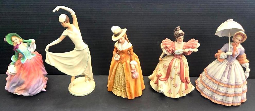 LOT OF 5 COLLECTABLE FEMALE FIGURINES: 3 Lennox Ladies dress from an older time are in pristine condition with two of them dressed for a walk in the park and the other dressed for a ball each being about 8.5" tall and about 5" wide, also i