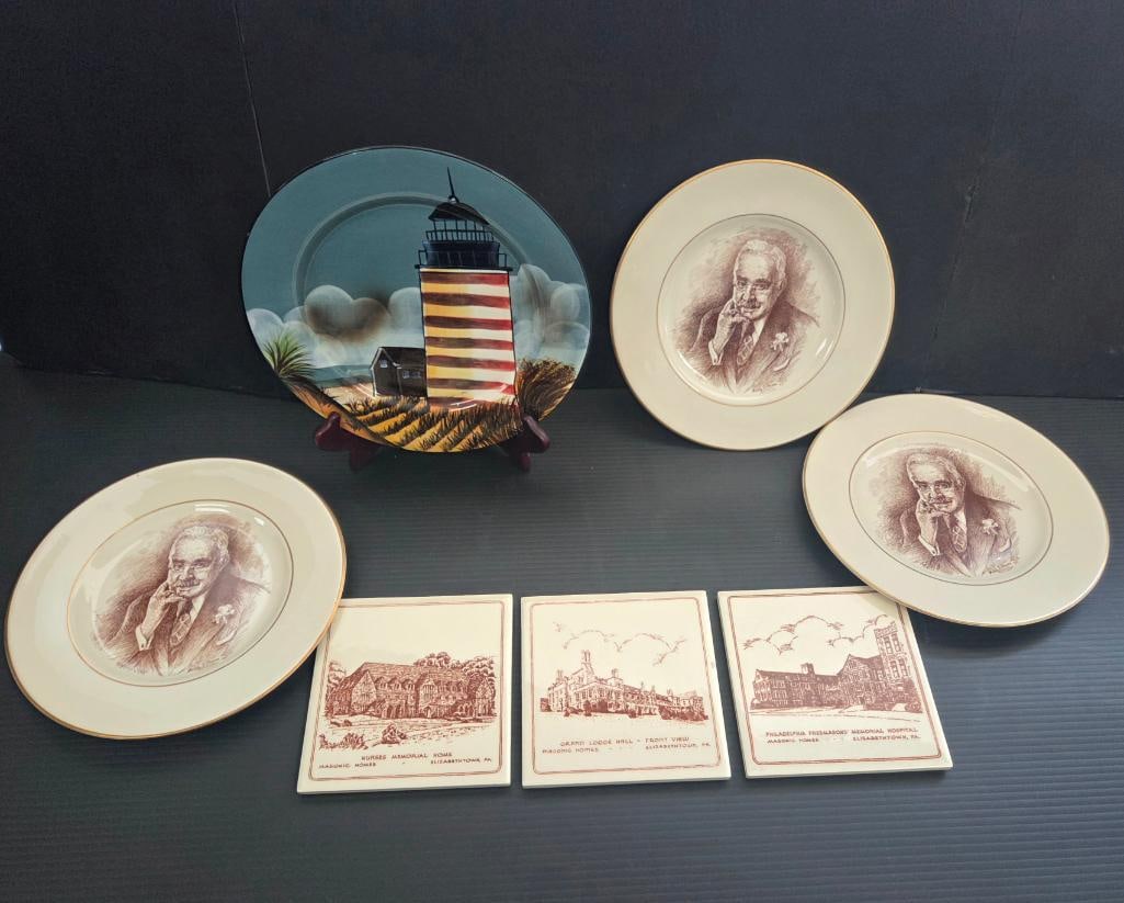 LOT OF 7 LIMITED EDITION COMMEMORATIVE PLATES: 3 Plates commemorate the life of Milton Hershey and his role in society with the artwork produces by Betty L. Heiges and an addition plate by David Carter Brown titled "By the Sea" depict a lighthouse