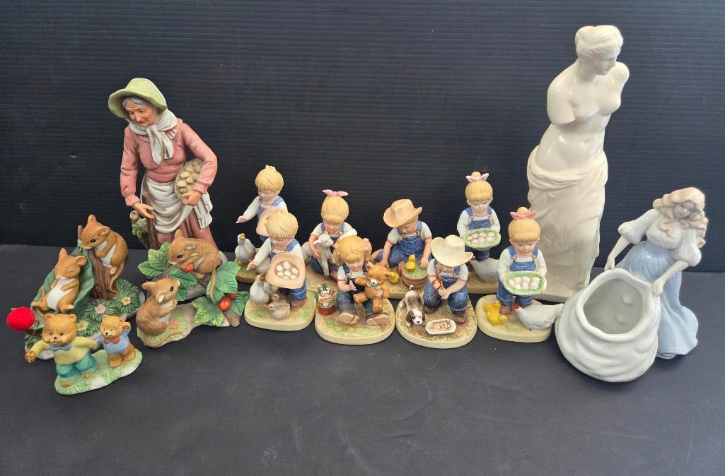 LOT OF 14 VINTAGE HOMCO DEMIN DAYS FIGURINES: 8 of the 14 Are Denim Days series by Homco featuring a boy or girl in overall's performing various tasks such as collecting eggs and fishing, also included are 2 Home Interiors and Gifts ceramic mice 