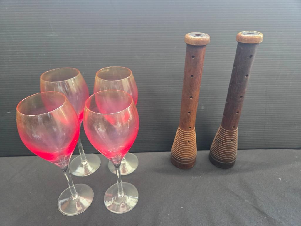 LOT OF 6 VINTAGE YARN BOBBIN/PINK CHAMPAGNE GLASSES: Inlcuded are two beehive shaped yarn spindle bobbins repurposed for farmhouse decore 2.5"x2.5"x12", also included are four pink Circleware handblown wine glasses, 10" tall, made in romania with a