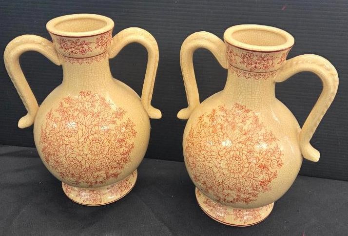 LOT OF 2 A.A.F MATCHING URNS: Aldik Artifical Flower Co. laced double handled urns are approx 10.5" tall and feature a floral lace design on each piece front and back