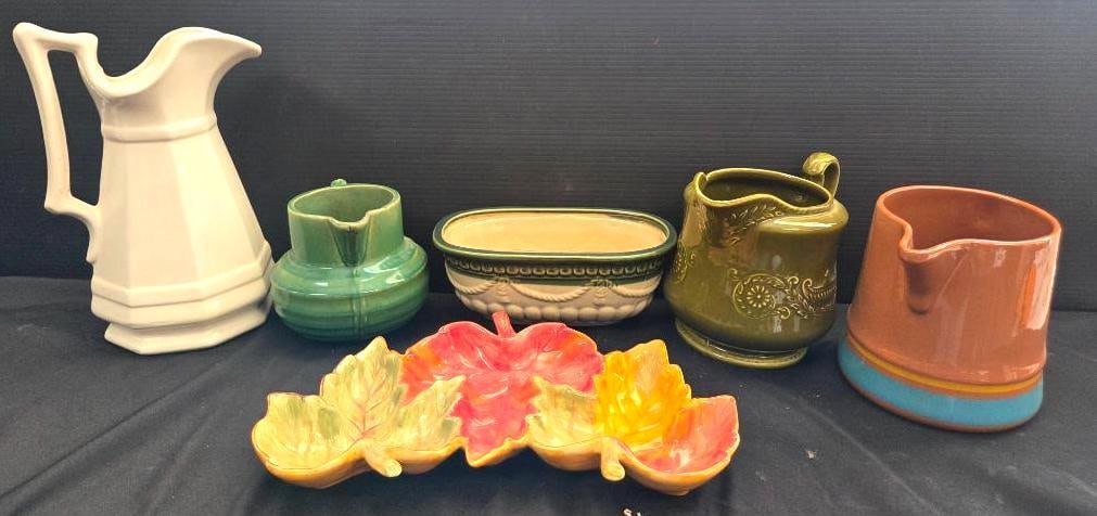 LOT OF VINTAGE PITCHERS/SERVING BOWLS: Included are 4 pitchers each with their own unique design, 6" tall with one being 12" tall ; a fall themed serving platter with 3 complete leaves and a corinthian themed serving bowl