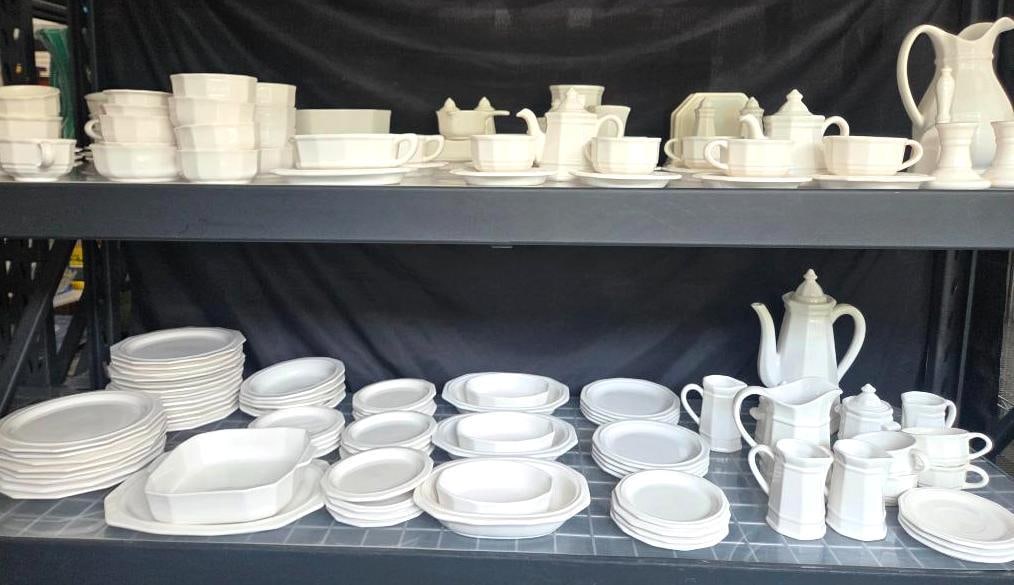 HUGE LOT OF PTALZGRAFF HERITAGE DINING SET: Set is complete with dinner & dessert plates, coffee mugs and saucers, serving pitchers and condiment containers, salt & pepper shakers, butter dish, serving bowls, and more all in pristine condition