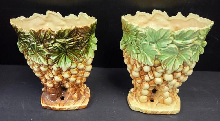 LOT OF 2 MCCOY VINTAGE VASES: 2 Grape themed vases taper towards the base of the piece 8"x3"x9"