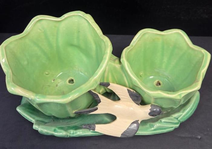 MCCOY VINTAGE PLANTER: Inique planter in the shape of two green flower vessels with a leaf base and a small sparrow in the front 10"x5"x5"