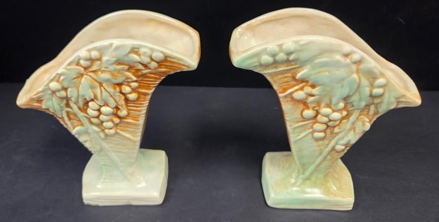 LOT OF 2 MCCOY VINTAGE VASES: 2 Matching vases from the "rustic" line features raised grape and leafe designs in an overall "Fan" shape 6"x2.5"x8"