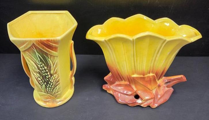LOT OF 2 MCCOY VINTAGE VASES: 2 Similar vases in color schemes of yellow and brown pay homage to fall and harvest with a wheat 6"x5"x8.5" and fall leaf 10.5"x3.5"x8.5" desing on each respective piece
