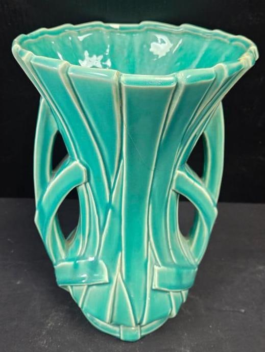 VINTAGE MCCOY "STRAP" VASE: Green ribbon "Strap vase" has a double handle and the whole piece is in a teal or aqua green 8"x8"x12"