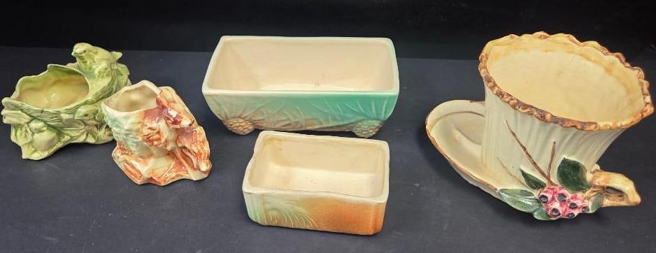 LOT OF 5 VINTAGE MCCOY PLANTERS: Two of the smaller planter have a bird and deer woodland motif 5"x3.5"x4", two planters have a basic rectangular shape with a grass like pattern 5"x3"x2" and 7.5"x4"x2.5", with the last one having a