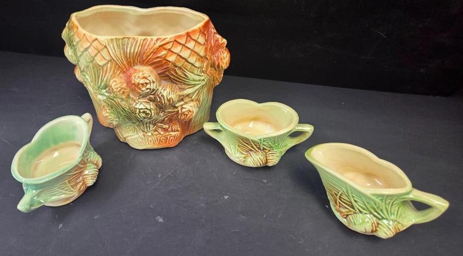 LOT OF 4 VINTAGE MCCOY VASES/PITCHERS: 3 Small pitchers, two of which are double handled, are design with a simple pinecone feature 5.5"x3.5"x3" and the large vase has a similar design with a short phrase "When Shadows Fall" on its face 9"