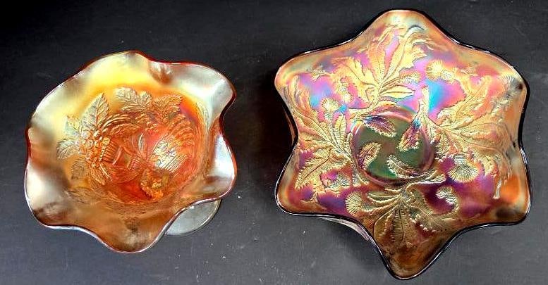 LOT OF 2 VINTAGE FENTON CARNIVAL GLASS: 2 Pieces both have scalloped edges and iridescent orange-gold colors on the raised urn 5"x5"x6" and simple bowl 9"x9"x3"
